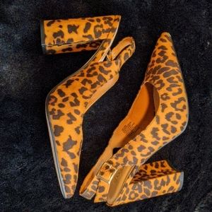 Leopard block heel sling backs